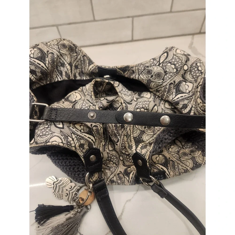 Sakroots Roma Shopper Purse Shoulder Bag Black Gray Cream Crochet Logo Owl FOB
